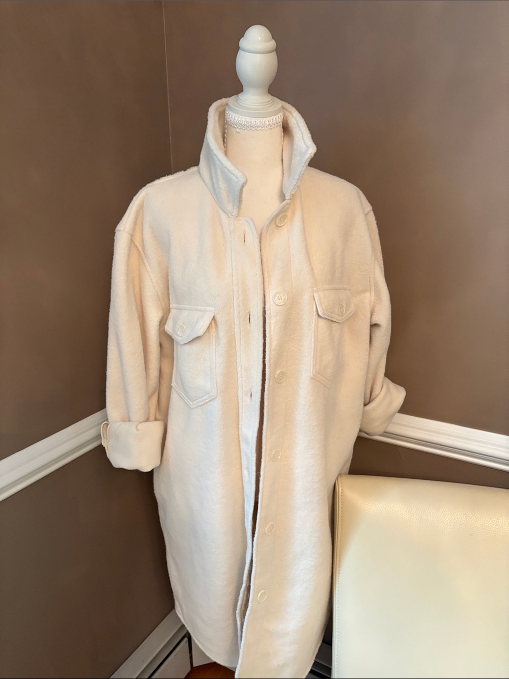 Joie Cream Long Button-Front Trench Coat